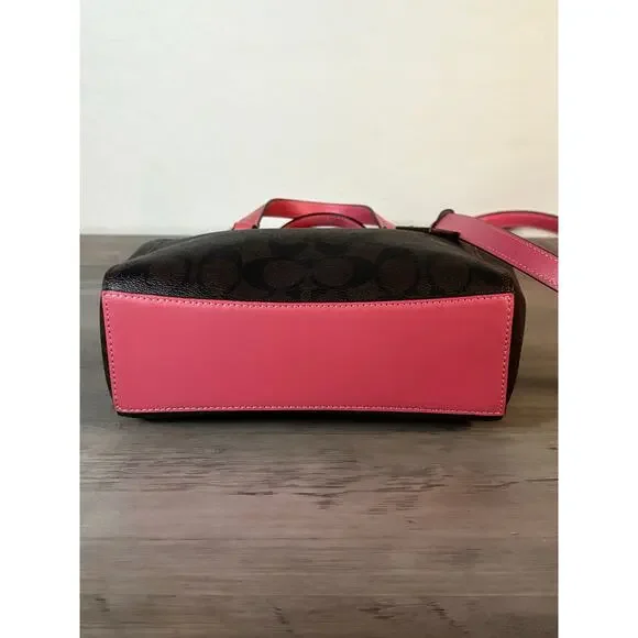 Coach CROSSBODY PURSE Alice Satchel Dark Signature Canvas &‎ Rouge Pink Trim - Picture 6 of 8